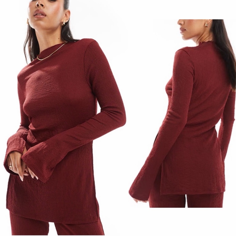 ASOS (“ONLY”) - burgundy long sleeve crinkled detail longline split side top